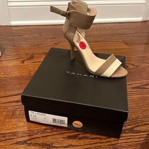 Tahari Never worn in box size 6 ankle strap heel. Taupe and cream leather